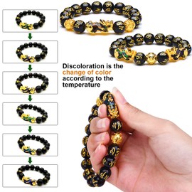 2 Pcs 12 mm Feng Shui Good Luck Bracelets for Women Chinese Bracelet with Hand Carved Black Amulet Bead Pi Xiu for Attracting Wealth and Good Luck for Women Men(Three Thermochromism)