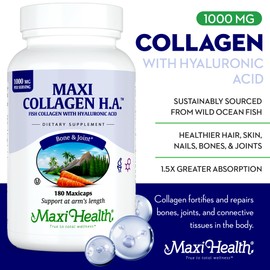 Maxi Health Marine Collagen Pills – 1000 mg Type 1 Collagen for Women & Men with Hyaluronic Acid Supplement for Joint & Skin Support – Unflavored, Clean Kosher Capsules (180 Maxicaps)