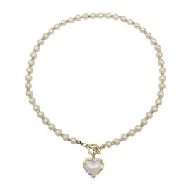 Dainty Faux Pearl Heart Charm Plated Choker Necklace for Women Elegant Heart Love Pendant Necklaces Toggle Chain Fashion Jewelry Accessories Wedding Birthday (White, One size)