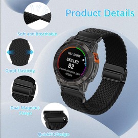 RanBluu QuickFit 22 mm Nylon Bracelet for Garmin fēnix 8 47 mm/fēnix E/Fenix 7/Fenix 7 Pro/Fenix 6, Braided Replacement Strap, Elastic Bracelets with Magnetic Clasp for Garmin Epix 2, Black