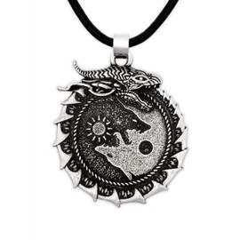HAQUIL Viking Necklace, Ouroboros Dragon Midgard Serpent Skoll Hati Wolf Pendant, Faux Leather Cord, Viking Jewelry Gift for Men