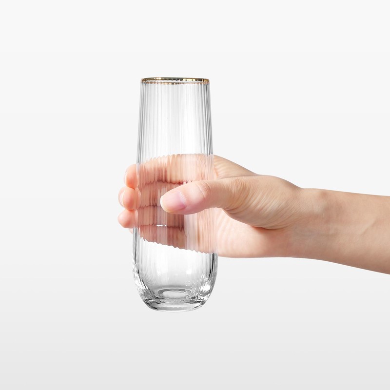 Royalrose Premium Ribbed 10 Oz Gold Rim Glasses (Stemless Champagne
