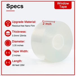 PackYard Transparent Window Weather Sealing Tape 2 Inch x 66 FT Weather Stripping Residue-Free Clear Window Insulation Caulk for Shower Glass Gaps and Clear Tape Doors Windows Windproof