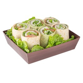 Restaurantware Matsuri Vision 5 x 4.4 x 1.4 Inch Sushi Trays 100 Greaseproof Sushi Packaging Boxes - Lids Sold Separately Disposable Wood Grain Paper Sushi Containers For Appetizers Or Desserts