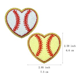 FAZHBARY 12 PCS Baseball Heart Patch White Yellow Heart Baseball Applique Chenille Iron On Patches for Decorative Clothing