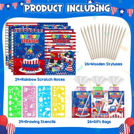 FEREDO KIDS Party Favors for Kids: 24 Pack 4th of July Rainbow Scratch Art Notebook Classroom Supplies Bulk for Girls Boys Goodie Bags Stuffers, Independence Day Party Gift Kid Crafts