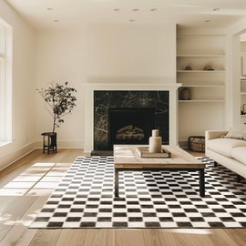 EVERGRACE Checkered Plaid Area Rug 9x12, Soft Fuzzy Faux Wool Rugs Washable Anti Slip Rugs Large Rug Carpet for Entryway Bedroom Living Room Hallway Kitchen and Laundry Room, Black and White