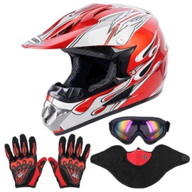 OUMURS Adult Dirt Bike Helmet with Goggles Gloves & Mask Adjustable Sun Visor Motorcycle Adults ATV Helmet Off-Road Motocross Downhill Moped MX for Unisex-Adult-Red Flame, L