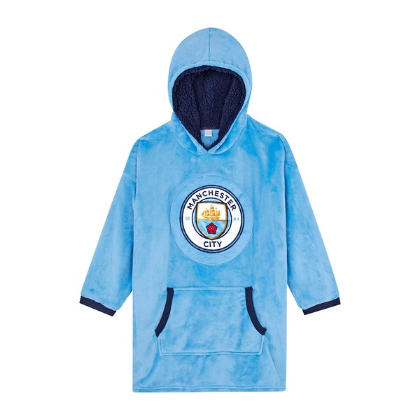 Manchester City F.C. Boys Hoodie, Man City Oversized Hooded Lounge Gown Fleece Blanket, One Size Fits All Ages 7 to 13 Years Red