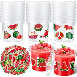 PerKoop 20 Pcs 32 oz Ice Cream Buckets with Lids and Handles Clear Cocktail Rum Buckets with Stickers Plastic Transparent Tub Reusable Food Storage Containers for Parties(Watermelon)