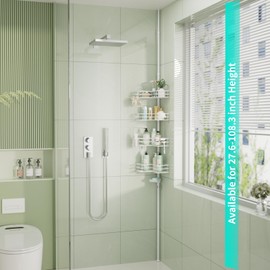 HapiRm Corner Shower Caddy Organizer - Shower Organizer Corner with Soap Holder, Toothbrush Holder and 4 Hooks, Rustproof Bathroom Shelf Tension Pole Available for 27.6 to 108.3 Inch - White