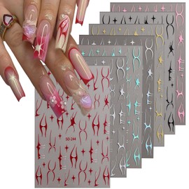 7 Sheets Geometric Patterns Nail Art Stickers 3D Self-Adhesive Lines Nail Art Decal Stars Design Nail Decoration Black Silver Gold Green Red Pink Laser DIY Nail Art Stickers Supplies for Women