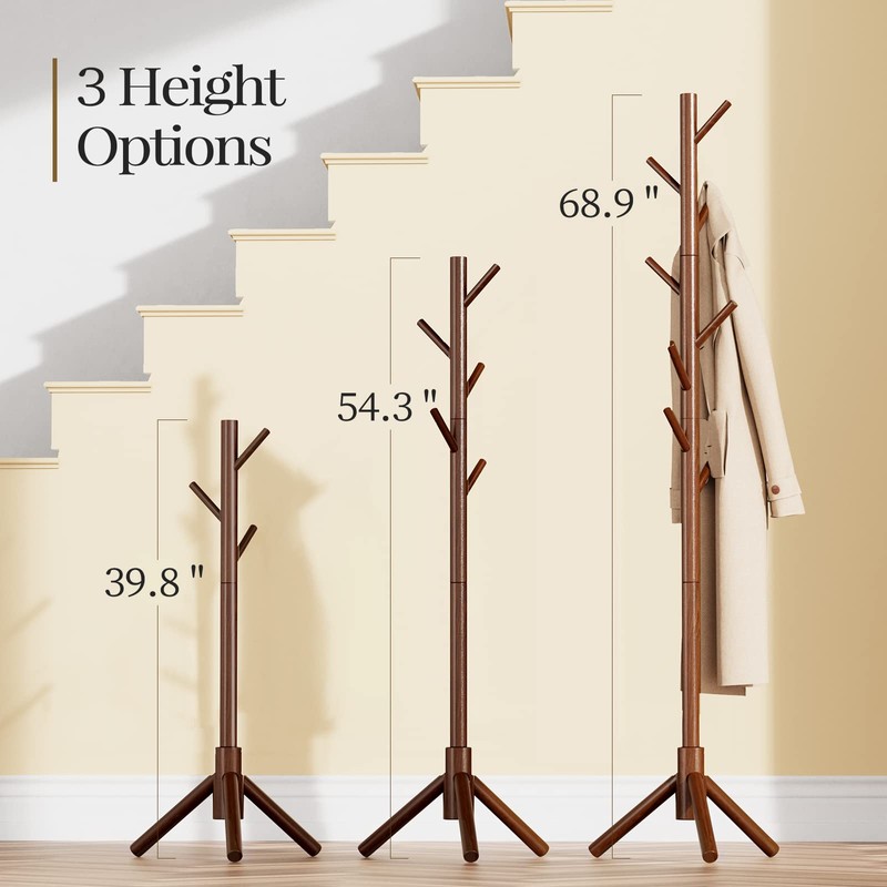 Pipishell Sturdy Wooden Coat Tree with 8 Hooks, 3 Adjustable