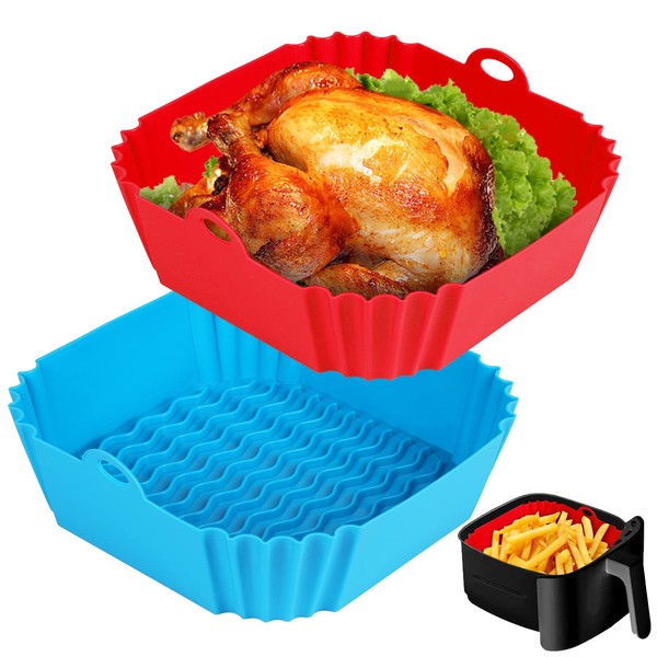 Boribim 2 PCS Square Silicone Air Fryer Liners - 8 Inch Reusable Air Fryer Pot - Air Fryer Accessories - Air Fryer Inserts for 4 to 7 QT for Oven Microwave Accessories (Red + Blue)