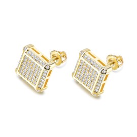 18K Gold Plated 925 Sterling Silver Iced Out Cubic Zirconia Screw Back Square Stud Earring For Men and Women Hypoallergenic Earring TwoTone Micropave Hip Hop Jewelry-Gold