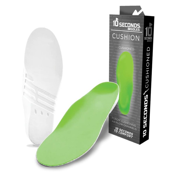 10 Seconds Green Cushion Daily Comfort Insole, Neutral Arch, Soft Support, Reduces Soreness and Designed to Fit Most Footwear, Full Foot Cushion, Durable Nylon Top, Deep Heel Cup (M 11/W 12.5)