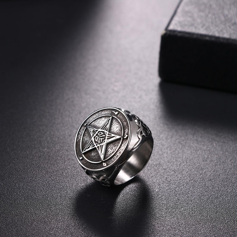 JewelryWe Men's Pentagram Ring: Sulfur Satan Demon Devil Symbol Baphomet