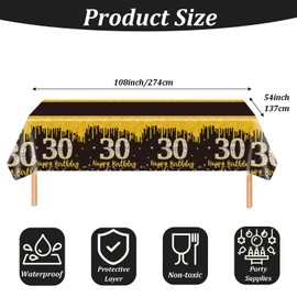 30th Birthday Tablecloth Decorations for Men Women 54x108 Inch Black Gold Happy 30th Birthday Theme Table Cover Plastic Rectangular Tablecloth for Indoor Outdoor 30th Birthday Party Supplies