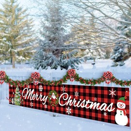 Large Merry Christmas Banner, Red Buffalo Plaid Xmas Sign with Snowman Xmas Tree Pattern for Christmas Party, Outdoor Indoor Decoration, 9.8 x 1.6 Feet