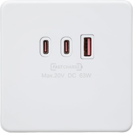 Knightsbridge 230V Triple USB Charger Plate 2xUSB-C 1xUSB-A [20V DC Max. 63W] - Matt White