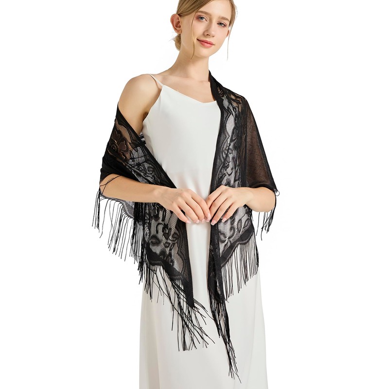 vimate Black Triangle Shawl Headscarf -Ladies Lace Floral Thin Fringe
