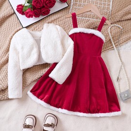 MISOAMISO Children's Santa Costume Girls Christmas Santa Dress White Bolero Set Party Performance Costume (130cm)
