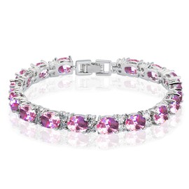 Deyanse Tennis Bracelet for Women, 18K White Gold Plated Bangles with Pink Oval & White Round 5A Cubic Zirconia, Hypoallergenic 7 Inch Birthstone Bracelet, Fashion Women's Bracelets with Gift Box