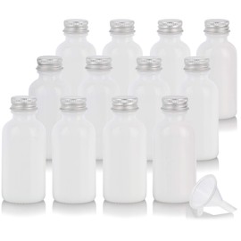 JUVITUS 1 oz Opal White Glass Boston Round Bottle with Silver Screw On Cap + Funnel Refillable Empty Storage Containers (12)