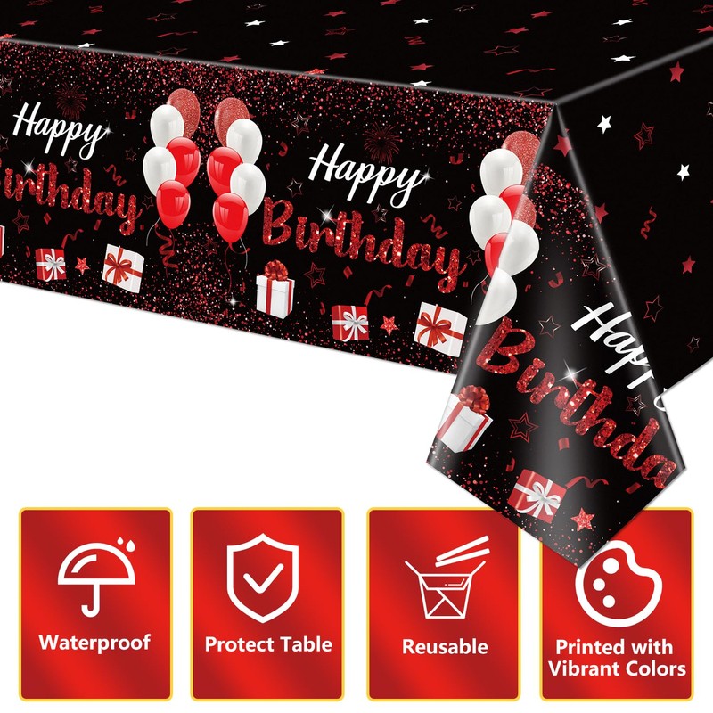 QUERICKY Plastic 4 Pack Black-Red Birthday Tablecloth, 51x87'' Rectangular Waterproof