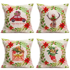 Tlovudori 4Pack Xmas Christmas Decor Throw Pillow Covers Merry Christmas Red Truck Elk Postcard Bell Socks Mistletoe Garland Boxwood Cotton Linen Pillowcase Cushion Cover for Sofa 18”x18” (XC-Wreath)