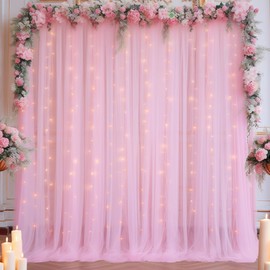 10x8ft Baby Pink Tulle Backdrop Curtain with Lights String for Parites, Sheer Backdrop Curtains for Wedding Baby Shower Birthday Party Photo Shoot Decorations