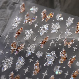Butterfly Nail Stickers for Nail Art 5D Embossed Pearl Rhinestone Butterfly Nail Art Decals Laser Butterfly Flower Starlight Nail Designs Self Adhesive Nail Art Supplies for Women Nail Art Decoration