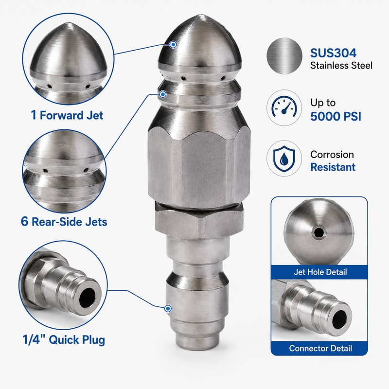 Sewer Jetter Nozzle for Pressure Washer Use – 1/4" Stainless