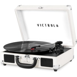 Victrola Journey+ Vintage 3-Speed Bluetooth Portable Suitcase Record Player with Built-in Speakers | Upgraded Turntable Audio Sound| Includes Extra Stylus | White/Silver