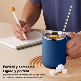 Termo para Café de Doble de Acero Inoxidable 450ml, Termo Taza Térmica para Café con Tapa Hermética y Pajita Telescópica, Taza Termica Frio y Caliente Portátil Vaso Viaje para Café, Té y Agua (Azul)