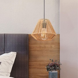 LIGKIN Rattan Boho Ø24cm Vintage Hand Woven Pendant Light E27 Rhombus Hanging Height Adjustable Lampshade Industrial Boho Rustic Chandelier for Bedroom Living Room