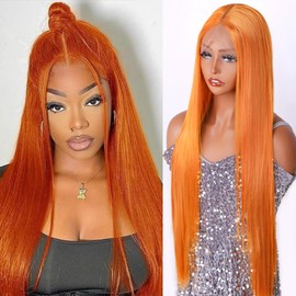Long Straight Lace Front Wig Synthetic Hair Pre Plucked 180Density 30 Inch HD Transparent Glueless Lace Frontal Wig with Baby Hair Natural Hairline Synthetic Fibres Wig for Women (Orange, 13x4X1)