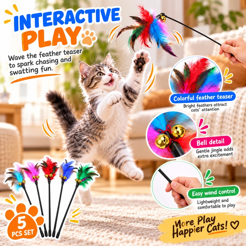 5-Piece Cat Feather Wand Toy Set for Interactive Play –