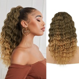 Ieemk Curly Ponytail Extension Drawstring Ponytail for Black Women Full 18 Inch Synthetic Clips in Drawstring Pony Tails Hair Extenions for Daily UseBlack mix Honey Blonde
