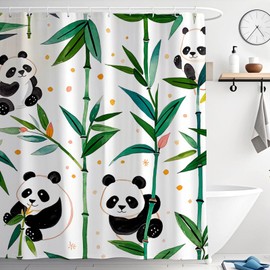 Shower Curtain 180x200cm Green Mould Proof Resistant Waterproof Cute Panda Bathroom Curtains Polyester Fabric Bath Curtain Weighted Hem with 12 Hooks Machine Washable Shower Curtain for Bathroom