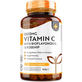 Vitamin C 1000mg – 180 Premium Vegan & Vegetarian Tablets – 6 Month Supply – High Strength Ascorbic Acid – with Added Bioflavonoids & Rosehip – for Normal Immune System – Made in The UK by Nutravita