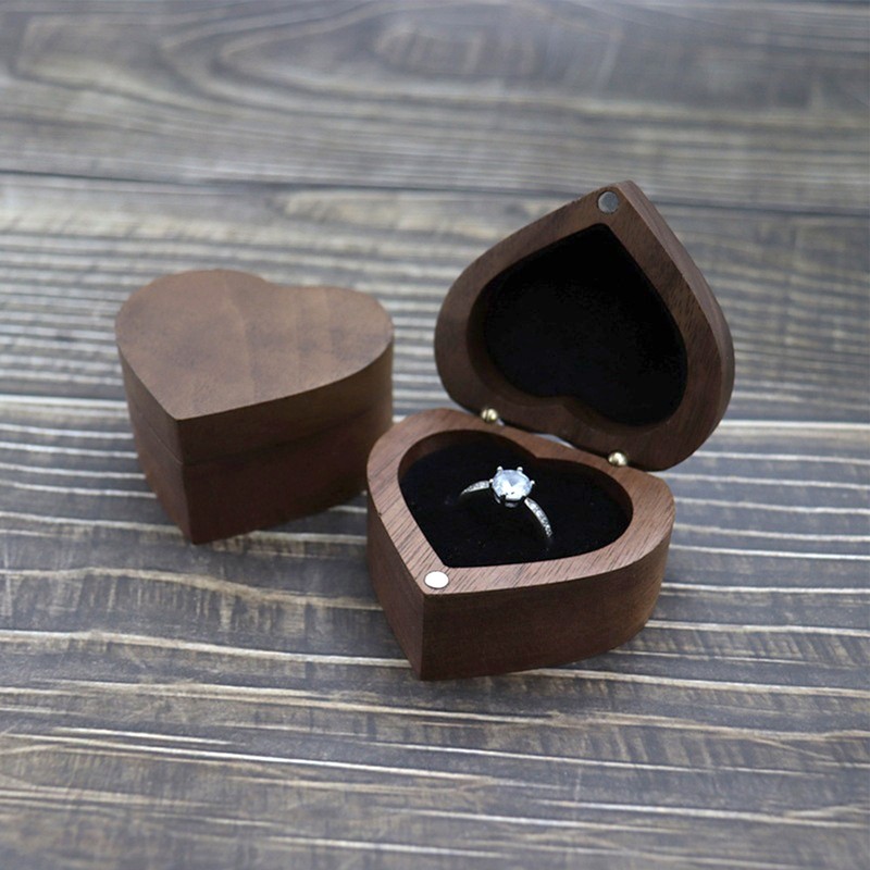 Heart Shaped Wooden Ring Box Black Soft Lining Smooth Surface