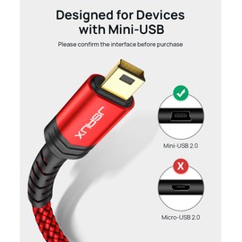 JSAUX Mini USB Cable[2-Pack 3.3ft+6.6ft], USB 2.0 Type A to Mini B Fast Charging Braided Cord Compatible with Blue Yeti Microphone Garmin Nuvi GPS 50 55 Ti-84 Plus CE Canon Rebel t7 Camera Gopro Red