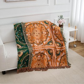 SahSahCasa 100% Cotton Throw Blanket, Orange Muslin Boho Throw Blanket, Soft Decorative Bohemian Reversible Blanket with Tassels for Chair Couch Bed Sofa Room Décor, 50x60 Inch, Orange/Green