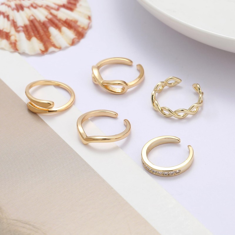 Awinesn 5pcs 14K Gold Plated Toe Rings for Women Adjustable