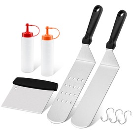 5Pcs Griddle Accessories Kit, Leonyo Stainless Steel Flat Top Griddle Accessories Set of 5, Outdoor Metal Spatulas Tool Set for Flat Top Hibachi Teppanyaki Kitchen Cooking, Dishwasher Safe