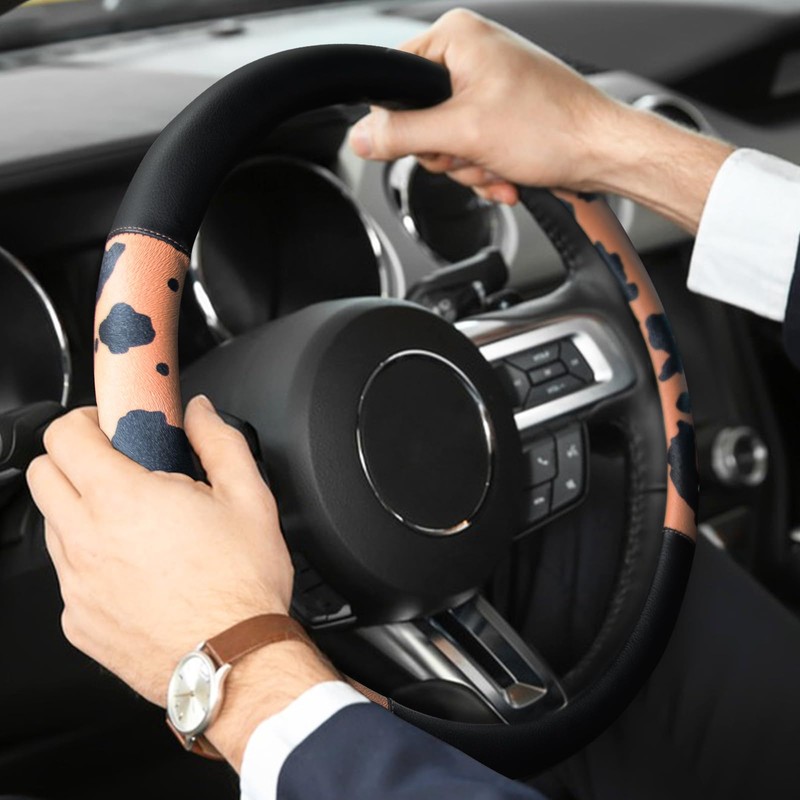 Cow Print Car Steering Wheel Covers, Breathable Microfiber Leather for