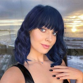 Yamel Wavy Bob Wig with Bangs Natural Drak Blue mix Black Wig Synthetic Hair Shoulder Length Short Curly Wigs for Women