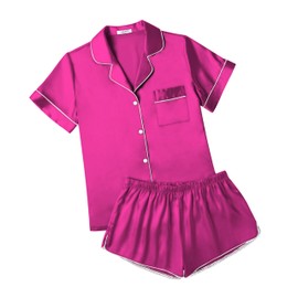 Ekouaer Womens Silk Satin Pajamas Short Sleeve Sleepwear Soft Button Down Loungewear 2 Piece PJS Shorts Set Hot Pink Large