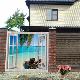 Outdoor Garden Shower Curtain, Summer Beach Palm Tree Ocean Seascape Through White Wooden Windows Tropical Island Blue Green Bath Curtain, Waterproof Bathroom Decor with Hooks, 180X180cm/ 71X71 in